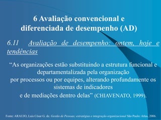 Fonte: ARAUJO, Luis César G. de. Gestão de Pessoas; estratégias e integração organizacional São Paulo: Atlas, 2006.
6 Avaliação convencional e
diferenciada de desempenho (AD)
6.11 Avaliação de desempenho: ontem, hoje e
tendências
“As organizações estão substituindo a estrutura funcional e
departamentalizada pela organização
por processos ou por equipes, alterando profundamente os
sistemas de indicadores
e de mediações dentro delas” (CHIAVENATO, 1999).
 
