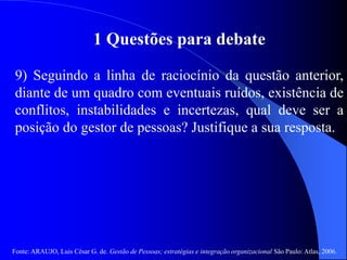Fonte: ARAUJO, Luis César G. de. Gestão de Pessoas; estratégias e integração organizacional São Paulo: Atlas, 2006.
1 Questões para debate
9) Seguindo a linha de raciocínio da questão anterior,
diante de um quadro com eventuais ruídos, existência de
conflitos, instabilidades e incertezas, qual deve ser a
posição do gestor de pessoas? Justifique a sua resposta.
 