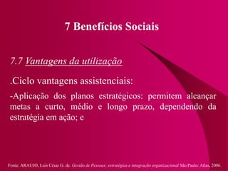 Fonte: ARAUJO, Luis César G. de. Gestão de Pessoas; estratégias e integração organizacional São Paulo: Atlas, 2006.
7 Benefícios Sociais
7.7 Vantagens da utilização
.Ciclo vantagens assistenciais:
-Aplicação dos planos estratégicos: permitem alcançar
metas a curto, médio e longo prazo, dependendo da
estratégia em ação; e
 