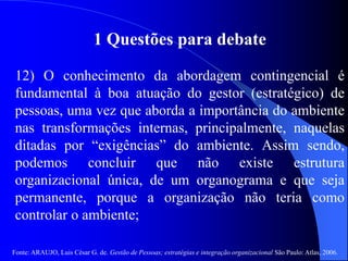 Fonte: ARAUJO, Luis César G. de. Gestão de Pessoas; estratégias e integração organizacional São Paulo: Atlas, 2006.
1 Questões para debate
12) O conhecimento da abordagem contingencial é
fundamental à boa atuação do gestor (estratégico) de
pessoas, uma vez que aborda a importância do ambiente
nas transformações internas, principalmente, naquelas
ditadas por “exigências” do ambiente. Assim sendo,
podemos concluir que não existe estrutura
organizacional única, de um organograma e que seja
permanente, porque a organização não teria como
controlar o ambiente;
 