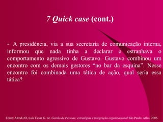 Fonte: ARAUJO, Luis César G. de. Gestão de Pessoas; estratégias e integração organizacional São Paulo: Atlas, 2006.
7 Quick case (cont.)
- A presidência, via a sua secretaria de comunicação interna,
informou que nada tinha a declarar e estranhava o
comportamento agressivo de Gustavo. Gustavo combinou um
encontro com os demais gestores “no bar da esquina”. Nesse
encontro foi combinada uma tática de ação, qual seria essa
tática?
 