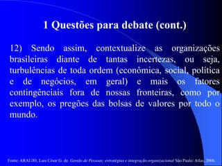 Fonte: ARAUJO, Luis César G. de. Gestão de Pessoas; estratégias e integração organizacional São Paulo: Atlas, 2006.
1 Questões para debate (cont.)
12) Sendo assim, contextualize as organizações
brasileiras diante de tantas incertezas, ou seja,
turbulências de toda ordem (econômica, social, política
e de negócios, em geral) e mais os fatores
contingênciais fora de nossas fronteiras, como por
exemplo, os pregões das bolsas de valores por todo o
mundo.
 
