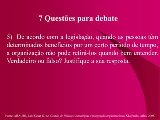 Fonte: ARAUJO, Luis César G. de. Gestão de Pessoas; estratégias e integração organizacional São Paulo: Atlas, 2006.
7 Questões para debate
5) De acordo com a legislação, quando as pessoas têm
determinados benefícios por um certo período de tempo,
a organização não pode retirá-los quando bem entender.
Verdadeiro ou falso? Justifique a sua resposta.
 