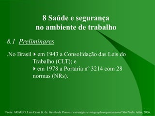 Fonte: ARAUJO, Luis César G. de. Gestão de Pessoas; estratégias e integração organizacional São Paulo: Atlas, 2006.
8 Saúde e segurança
no ambiente de trabalho
8.1 Preliminares
.No Brasilem 1943 a Consolidação das Leis do
Trabalho (CLT); e
em 1978 a Portaria nº 3214 com 28
normas (NRs).
 