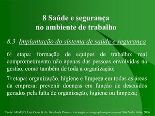 Fonte: ARAUJO, Luis César G. de. Gestão de Pessoas; estratégias e integração organizacional São Paulo: Atlas, 2006.
8 Saúde e segurança
no ambiente de trabalho
8.3 Implantação do sistema de saúde e segurança
6a etapa: formação de equipes de trabalho: real
comprometimento não apenas das pessoas envolvidas na
gestão, como também de toda a organização;
7a etapa: organização, higiene e limpeza em todas as áreas
da empresa: prevenir doenças em função de descuidos
gerados pela falta de organização, higiene ou limpeza;
 