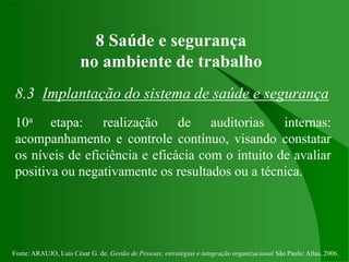 Fonte: ARAUJO, Luis César G. de. Gestão de Pessoas; estratégias e integração organizacional São Paulo: Atlas, 2006.
8 Saúde e segurança
no ambiente de trabalho
8.3 Implantação do sistema de saúde e segurança
10a etapa: realização de auditorias internas:
acompanhamento e controle contínuo, visando constatar
os níveis de eficiência e eficácia com o intuito de avaliar
positiva ou negativamente os resultados ou a técnica.
 
