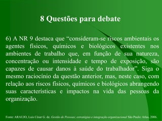 Fonte: ARAUJO, Luis César G. de. Gestão de Pessoas; estratégias e integração organizacional São Paulo: Atlas, 2006.
8 Questões para debate
6) A NR 9 destaca que “consideram-se riscos ambientais os
agentes físicos, químicos e biológicos existentes nos
ambientes de trabalho que, em função de sua natureza,
concentração ou intensidade e tempo de exposição, são
capazes de causar danos à saúde do trabalhador”. Siga o
mesmo raciocínio da questão anterior, mas, neste caso, com
relação aos riscos físicos, químicos e biológicos abrangendo
suas características e impactos na vida das pessoas da
organização.
 