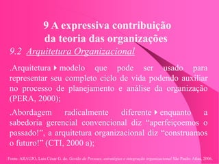 Fonte: ARAUJO, Luis César G. de. Gestão de Pessoas; estratégias e integração organizacional São Paulo: Atlas, 2006.
9 A expressiva contribuição
da teoria das organizações
9.2 Arquitetura Organizacional
.Arquiteturamodelo que pode ser usado para
representar seu completo ciclo de vida podendo auxiliar
no processo de planejamento e análise da organização
(PERA, 2000);
.Abordagem radicalmente diferenteenquanto a
sabedoria gerencial convencional diz “aperfeiçoemos o
passado!”, a arquitetura organizacional diz “construamos
o futuro!” (CTI, 2000 a);
 