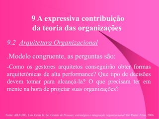 Fonte: ARAUJO, Luis César G. de. Gestão de Pessoas; estratégias e integração organizacional São Paulo: Atlas, 2006.
9 A expressiva contribuição
da teoria das organizações
9.2 Arquitetura Organizacional
.Modelo congruente, as perguntas são:
-Como os gestores arquitetos conseguirão obter formas
arquitetônicas de alta performance? Que tipo de decisões
devem tomar para alcançá-la? O que precisam ter em
mente na hora de projetar suas organizações?
 