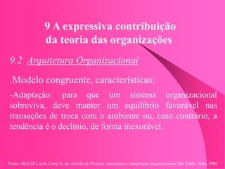 Fonte: ARAUJO, Luis César G. de. Gestão de Pessoas; estratégias e integração organizacional São Paulo: Atlas, 2006.
9 A expressiva contribuição
da teoria das organizações
9.2 Arquitetura Organizacional
.Modelo congruente, características:
-Adaptação: para que um sistema organizacional
sobreviva, deve manter um equilíbrio favorável nas
transações de troca com o ambiente ou, caso contrário, a
tendência é o declínio, de forma inexorável.
 