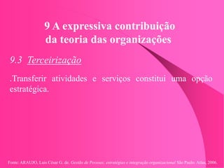 Fonte: ARAUJO, Luis César G. de. Gestão de Pessoas; estratégias e integração organizacional São Paulo: Atlas, 2006.
9 A expressiva contribuição
da teoria das organizações
9.3 Terceirização
.Transferir atividades e serviços constitui uma opção
estratégica.
 