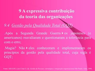 Fonte: ARAUJO, Luis César G. de. Gestão de Pessoas; estratégias e integração organizacional São Paulo: Atlas, 2006.
9 A expressiva contribuição
da teoria das organizações
9.4 Gestão pela Qualidade Total (GQT)
.Após a Segunda Grande Guerraos japoneses (e
americanos) reavaliaram e questionaram a tolerância para
com o erro;
.Magia? Nãoeles conheceram e implementaram os
princípios da gestão pela qualidade total, cuja sigla é
GQT;
 