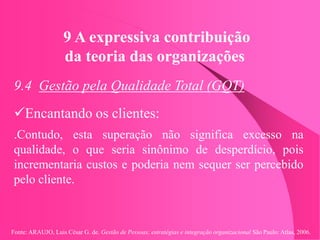 Fonte: ARAUJO, Luis César G. de. Gestão de Pessoas; estratégias e integração organizacional São Paulo: Atlas, 2006.
9 A expressiva contribuição
da teoria das organizações
9.4 Gestão pela Qualidade Total (GQT)
Encantando os clientes:
.Contudo, esta superação não significa excesso na
qualidade, o que seria sinônimo de desperdício, pois
incrementaria custos e poderia nem sequer ser percebido
pelo cliente.
 