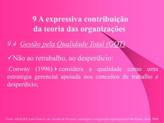 Fonte: ARAUJO, Luis César G. de. Gestão de Pessoas; estratégias e integração organizacional São Paulo: Atlas, 2006.
9 A expressiva contribuição
da teoria das organizações
9.4 Gestão pela Qualidade Total (GQT)
Não ao retrabalho, ao desperdício:
.Conway (1996)considera a qualidade como uma
estratégia gerencial apoiada nos conceitos de trabalho e
desperdício;
 