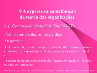 Fonte: ARAUJO, Luis César G. de. Gestão de Pessoas; estratégias e integração organizacional São Paulo: Atlas, 2006.
9 A expressiva contribuição
da teoria das organizações
9.4 Gestão pela Qualidade Total (GQT)
.Não ao retrabalho, ao desperdício:
.Desperdício:
De material, capital, tempo e talento das pessoas; quando
eliminado, resta apenas trabalho que agrega valor para o cliente;
e
ocorre do desempenho errado das funções obrigando à revisão,
ou seja, ao retrabalho.
 