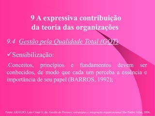 Fonte: ARAUJO, Luis César G. de. Gestão de Pessoas; estratégias e integração organizacional São Paulo: Atlas, 2006.
9 A expressiva contribuição
da teoria das organizações
9.4 Gestão pela Qualidade Total (GQT)
Sensibilização:
.Conceitos, princípios e fundamentos devem ser
conhecidos, de modo que cada um perceba a essência e
importância de seu papel (BARROS, 1992);
 