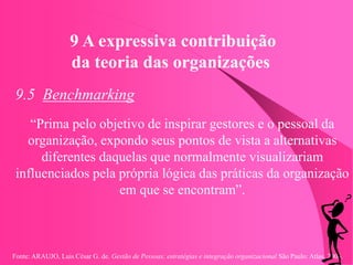 Fonte: ARAUJO, Luis César G. de. Gestão de Pessoas; estratégias e integração organizacional São Paulo: Atlas, 2006.
9 A expressiva contribuição
da teoria das organizações
9.5 Benchmarking
“Prima pelo objetivo de inspirar gestores e o pessoal da
organização, expondo seus pontos de vista a alternativas
diferentes daquelas que normalmente visualizariam
influenciados pela própria lógica das práticas da organização
em que se encontram”.
 