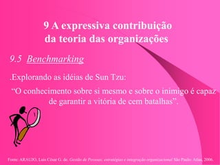 Fonte: ARAUJO, Luis César G. de. Gestão de Pessoas; estratégias e integração organizacional São Paulo: Atlas, 2006.
9 A expressiva contribuição
da teoria das organizações
9.5 Benchmarking
.Explorando as idéias de Sun Tzu:
“O conhecimento sobre si mesmo e sobre o inimigo é capaz
de garantir a vitória de cem batalhas”.
 