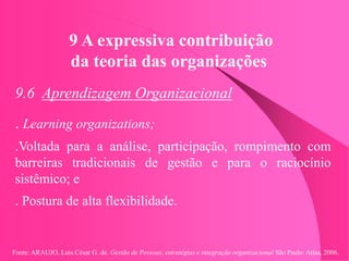 Fonte: ARAUJO, Luis César G. de. Gestão de Pessoas; estratégias e integração organizacional São Paulo: Atlas, 2006.
9 A expressiva contribuição
da teoria das organizações
9.6 Aprendizagem Organizacional
. Learning organizations;
.Voltada para a análise, participação, rompimento com
barreiras tradicionais de gestão e para o raciocínio
sistêmico; e
. Postura de alta flexibilidade.
 