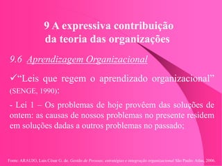 Fonte: ARAUJO, Luis César G. de. Gestão de Pessoas; estratégias e integração organizacional São Paulo: Atlas, 2006.
9 A expressiva contribuição
da teoria das organizações
9.6 Aprendizagem Organizacional
“Leis que regem o aprendizado organizacional”
(SENGE, 1990):
- Lei 1 – Os problemas de hoje provêem das soluções de
ontem: as causas de nossos problemas no presente residem
em soluções dadas a outros problemas no passado;
 
