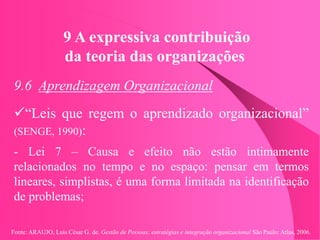 Fonte: ARAUJO, Luis César G. de. Gestão de Pessoas; estratégias e integração organizacional São Paulo: Atlas, 2006.
9 A expressiva contribuição
da teoria das organizações
9.6 Aprendizagem Organizacional
“Leis que regem o aprendizado organizacional”
(SENGE, 1990):
- Lei 7 – Causa e efeito não estão intimamente
relacionados no tempo e no espaço: pensar em termos
lineares, simplistas, é uma forma limitada na identificação
de problemas;
 