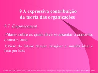 Fonte: ARAUJO, Luis César G. de. Gestão de Pessoas; estratégias e integração organizacional São Paulo: Atlas, 2006.
9 A expressiva contribuição
da teoria das organizações
9.7 Empowerment
.Pilares sobre os quais deve se assentar o conceito,
(DORSEY, 2000):
1)Visão do futuro: desejar, imaginar o amanhã ideal e
lutar por isso;
 
