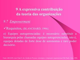 Fonte: ARAUJO, Luis César G. de. Gestão de Pessoas; estratégias e integração organizacional São Paulo: Atlas, 2006.
9 A expressiva contribuição
da teoria das organizações
9.7 Empowerment
Requisitos, (BLANCHARD, 1996):
e) Equipes autogerenciadas: é necessário substituir a
hierarquia pelas chamadas equipes autogerenciadas, isto é,
equipes dotadas de forte dose de autonomia e raro poder
decisório.
 