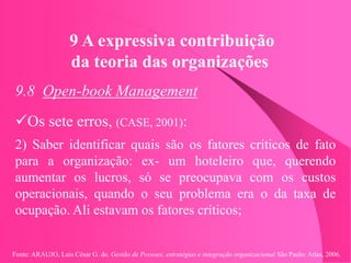 Fonte: ARAUJO, Luis César G. de. Gestão de Pessoas; estratégias e integração organizacional São Paulo: Atlas, 2006.
9 A expressiva contribuição
da teoria das organizações
9.8 Open-book Management
Os sete erros, (CASE, 2001):
2) Saber identificar quais são os fatores críticos de fato
para a organização: ex- um hoteleiro que, querendo
aumentar os lucros, só se preocupava com os custos
operacionais, quando o seu problema era o da taxa de
ocupação. Ali estavam os fatores críticos;
 