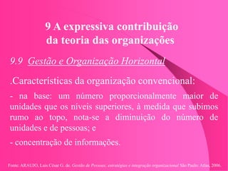 Fonte: ARAUJO, Luis César G. de. Gestão de Pessoas; estratégias e integração organizacional São Paulo: Atlas, 2006.
9 A expressiva contribuição
da teoria das organizações
9.9 Gestão e Organização Horizontal
.Características da organização convencional:
- na base: um número proporcionalmente maior de
unidades que os níveis superiores, à medida que subimos
rumo ao topo, nota-se a diminuição do número de
unidades e de pessoas; e
- concentração de informações.
 