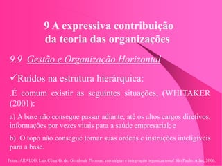 Fonte: ARAUJO, Luis César G. de. Gestão de Pessoas; estratégias e integração organizacional São Paulo: Atlas, 2006.
9 A expressiva contribuição
da teoria das organizações
9.9 Gestão e Organização Horizontal
Ruídos na estrutura hierárquica:
.É comum existir as seguintes situações, (WHITAKER
(2001):
a) A base não consegue passar adiante, até os altos cargos diretivos,
informações por vezes vitais para a saúde empresarial; e
b) O topo não consegue tornar suas ordens e instruções inteligíveis
para a base.
 