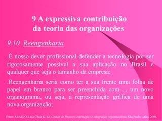 Fonte: ARAUJO, Luis César G. de. Gestão de Pessoas; estratégias e integração organizacional São Paulo: Atlas, 2006.
9 A expressiva contribuição
da teoria das organizações
9.10 Reengenharia
.É nosso dever profissional defender a tecnologia por ser
rigorosamente possível a sua aplicação no Brasil e
qualquer que seja o tamanho da empresa;
.Reengenharia seria como ter a sua frente uma folha de
papel em branco para ser preenchida com ... um novo
organograma, ou seja, a representação gráfica de uma
nova organização;
 