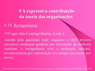 Fonte: ARAUJO, Luis César G. de. Gestão de Pessoas; estratégias e integração organizacional São Paulo: Atlas, 2006.
9 A expressiva contribuição
da teoria das organizações
9.10 Reengenharia
O que não é reengenharia, (cont.):
-Gestão pela qualidade total: enquanto a GQT procura
introduzir mudanças graduais por intermédio da melhoria
contínua, a reengenharia visa a mudanças radicais,
revolucionárias por substituição dos antigos processos por
novos.
 