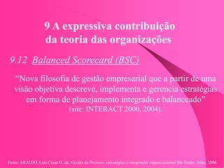 Fonte: ARAUJO, Luis César G. de. Gestão de Pessoas; estratégias e integração organizacional São Paulo: Atlas, 2006.
9 A expressiva contribuição
da teoria das organizações
9.12 Balanced Scorecard (BSC)
“Nova filosofia de gestão empresarial que a partir de uma
visão objetiva descreve, implementa e gerencia estratégias
em forma de planejamento integrado e balanceado”
(site: INTERACT 2000, 2004).
 
