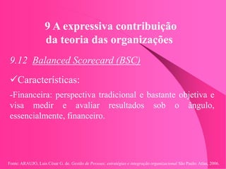Fonte: ARAUJO, Luis César G. de. Gestão de Pessoas; estratégias e integração organizacional São Paulo: Atlas, 2006.
9 A expressiva contribuição
da teoria das organizações
9.12 Balanced Scorecard (BSC)
Características:
-Financeira: perspectiva tradicional e bastante objetiva e
visa medir e avaliar resultados sob o ângulo,
essencialmente, financeiro.
 