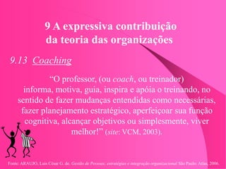 Fonte: ARAUJO, Luis César G. de. Gestão de Pessoas; estratégias e integração organizacional São Paulo: Atlas, 2006.
9 A expressiva contribuição
da teoria das organizações
9.13 Coaching
“O professor, (ou coach, ou treinador)
informa, motiva, guia, inspira e apóia o treinando, no
sentido de fazer mudanças entendidas como necessárias,
fazer planejamento estratégico, aperfeiçoar sua função
cognitiva, alcançar objetivos ou simplesmente, viver
melhor!” (site: VCM, 2003).
 