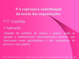 Fonte: ARAUJO, Luis César G. de. Gestão de Pessoas; estratégias e integração organizacional São Paulo: Atlas, 2006.
9 A expressiva contribuição
da teoria das organizações
9.13 Coaching
Aplicação:
-Quando há conflitos de valores e papéis: ajuda as
equipes a estabelecerem relacionamentos pessoais que
funcionem como aglutinadores e não separadores de
pessoas e seus papéis;
 