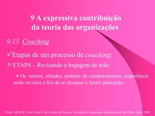 Fonte: ARAUJO, Luis César G. de. Gestão de Pessoas; estratégias e integração organizacional São Paulo: Atlas, 2006.
9 A expressiva contribuição
da teoria das organizações
9.13 Coaching
Etapas de um processo de coaching:
3a ETAPA – Revisando a bagagem de mão:
Os valores, atitudes, padrões de comportamento, experiência
serão revistos a fim de se alcançar o futuro planejado.
 
