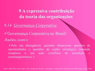 Fonte: ARAUJO, Luis César G. de. Gestão de Pessoas; estratégias e integração organizacional São Paulo: Atlas, 2006.
9 A expressiva contribuição
da teoria das organizações
9.14 Governança Corporativa
Governança Corporativa no Brasil:
.Razões, (cont.):
Pela sua abrangência: questões financeiras, questões de
oportunidades e questões de cunho estratégico tornando
complexa a sua ação (conflitos de jurisdição e
constrangimentos); e
 