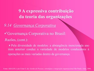 Fonte: ARAUJO, Luis César G. de. Gestão de Pessoas; estratégias e integração organizacional São Paulo: Atlas, 2006.
9 A expressiva contribuição
da teoria das organizações
9.14 Governança Corporativa
Governança Corporativa no Brasil:
.Razões, (cont.):
Pela diversidade de modelos: a abrangência mencionada ano
item anterior conduz a variedade de modelos conducentes à
operações as mais variadas dentro da governança.
 