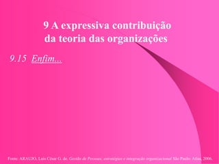 Fonte: ARAUJO, Luis César G. de. Gestão de Pessoas; estratégias e integração organizacional São Paulo: Atlas, 2006.
9 A expressiva contribuição
da teoria das organizações
9.15 Enfim...
 