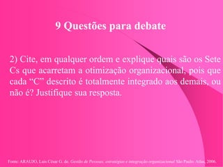 Fonte: ARAUJO, Luis César G. de. Gestão de Pessoas; estratégias e integração organizacional São Paulo: Atlas, 2006.
9 Questões para debate
2) Cite, em qualquer ordem e explique quais são os Sete
Cs que acarretam a otimização organizacional, pois que
cada “C” descrito é totalmente integrado aos demais, ou
não é? Justifique sua resposta.
 