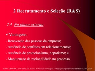 Fonte: ARAUJO, Luis César G. de. Gestão de Pessoas; estratégias e integração organizacional São Paulo: Atlas, 2006.
2 Recrutamento e Seleção (R&S)
2.4 No plano externo
Vantagens:
- Renovação das pessoas da empresa;
- Ausência de conflitos em relacionamentos;
- Ausência de protecionismo, nepotismo; e
- Manutenção da racionalidade no processo.
 