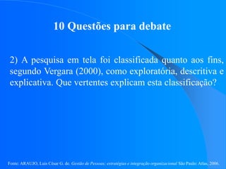 Fonte: ARAUJO, Luis César G. de. Gestão de Pessoas; estratégias e integração organizacional São Paulo: Atlas, 2006.
10 Questões para debate
2) A pesquisa em tela foi classificada quanto aos fins,
segundo Vergara (2000), como exploratória, descritiva e
explicativa. Que vertentes explicam esta classificação?
 