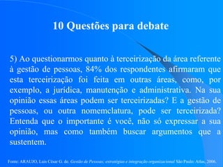 Fonte: ARAUJO, Luis César G. de. Gestão de Pessoas; estratégias e integração organizacional São Paulo: Atlas, 2006.
10 Questões para debate
5) Ao questionarmos quanto à terceirização da área referente
à gestão de pessoas, 84% dos respondentes afirmaram que
esta terceirização foi feita em outras áreas, como, por
exemplo, a jurídica, manutenção e administrativa. Na sua
opinião essas áreas podem ser terceirizadas? E a gestão de
pessoas, ou outra nomemclatura, pode ser terceirizada?
Entenda que o importante é você, não só expressar a sua
opinião, mas como também buscar argumentos que a
sustentem.
 