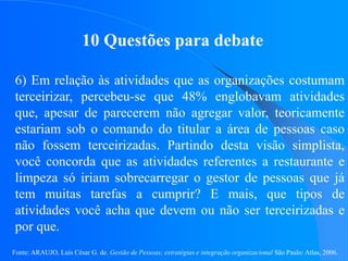 Fonte: ARAUJO, Luis César G. de. Gestão de Pessoas; estratégias e integração organizacional São Paulo: Atlas, 2006.
10 Questões para debate
6) Em relação às atividades que as organizações costumam
terceirizar, percebeu-se que 48% englobavam atividades
que, apesar de parecerem não agregar valor, teoricamente
estariam sob o comando do titular a área de pessoas caso
não fossem terceirizadas. Partindo desta visão simplista,
você concorda que as atividades referentes a restaurante e
limpeza só iriam sobrecarregar o gestor de pessoas que já
tem muitas tarefas a cumprir? E mais, que tipos de
atividades você acha que devem ou não ser terceirizadas e
por que.
 