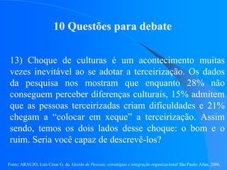Fonte: ARAUJO, Luis César G. de. Gestão de Pessoas; estratégias e integração organizacional São Paulo: Atlas, 2006.
10 Questões para debate
13) Choque de culturas é um acontecimento muitas
vezes inevitável ao se adotar a terceirização. Os dados
da pesquisa nos mostram que enquanto 28% não
conseguem perceber diferenças culturais, 15% admitem
que as pessoas terceirizadas criam dificuldades e 21%
chegam a “colocar em xeque” a terceirização. Assim
sendo, temos os dois lados desse choque: o bom e o
ruim. Seria você capaz de descrevê-los?
 