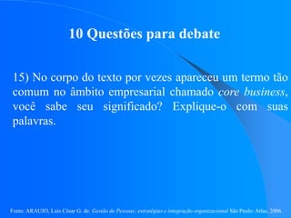 Fonte: ARAUJO, Luis César G. de. Gestão de Pessoas; estratégias e integração organizacional São Paulo: Atlas, 2006.
10 Questões para debate
15) No corpo do texto por vezes apareceu um termo tão
comum no âmbito empresarial chamado core business,
você sabe seu significado? Explique-o com suas
palavras.
 