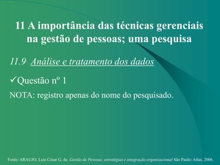 Fonte: ARAUJO, Luis César G. de. Gestão de Pessoas; estratégias e integração organizacional São Paulo: Atlas, 2006.
11 A importância das técnicas gerenciais
na gestão de pessoas; uma pesquisa
11.9 Análise e tratamento dos dados
Questão nº 1
NOTA: registro apenas do nome do pesquisado.
 