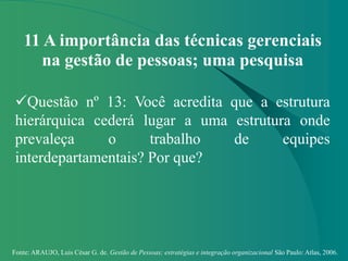 Fonte: ARAUJO, Luis César G. de. Gestão de Pessoas; estratégias e integração organizacional São Paulo: Atlas, 2006.
11 A importância das técnicas gerenciais
na gestão de pessoas; uma pesquisa
Questão nº 13: Você acredita que a estrutura
hierárquica cederá lugar a uma estrutura onde
prevaleça o trabalho de equipes
interdepartamentais? Por que?
 