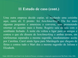 Fonte: ARAUJO, Luis César G. de. Gestão de Pessoas; estratégias e integração organizacional São Paulo: Atlas, 2006.
11 Estudo de caso (cont.)
Uma outra empresa decide copiar, só mudando uma coisinha
aqui, outra ali. E pronto: fez benchmarking”. Ela fez mais
algumas perguntas e amenizou a conversa, mas prometendo
retornar ao assunto mais à frente. Rogério saiu da sala com o
semblante fechado. À noite ela voltou a ligar para as amigas e
contou o que ele dissera de benchmarking e ambas deram, em
telefonemas separados a mesma sugestão, imediatamente aceita
por Carolina. Carol ainda ligou para Mariângela que chegara de
férias e contou tudo e Mari deu a mesma sugestão de Juliana e
Elizabeth.
 